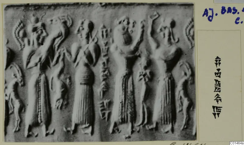 Enlarged photograph of an engraved seal design with a band of standing robed figures and animals at the edges