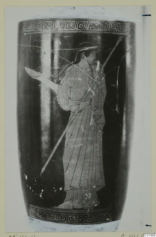 Tall painted vessel with a standing female figure in long drapery holding a long pole, framed by key-pattern bands