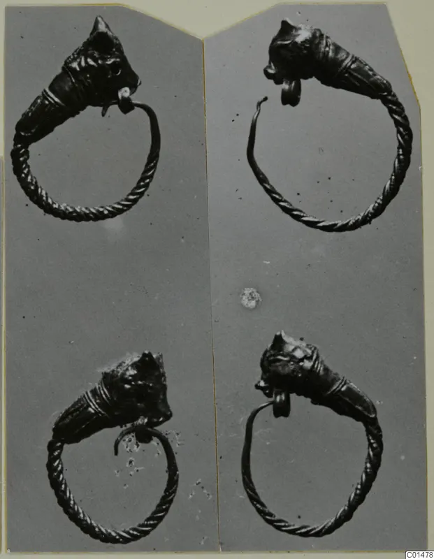 Four twisted-wire rings with cone-shaped ridged heads, photographed in two rows of two on a grey backing.