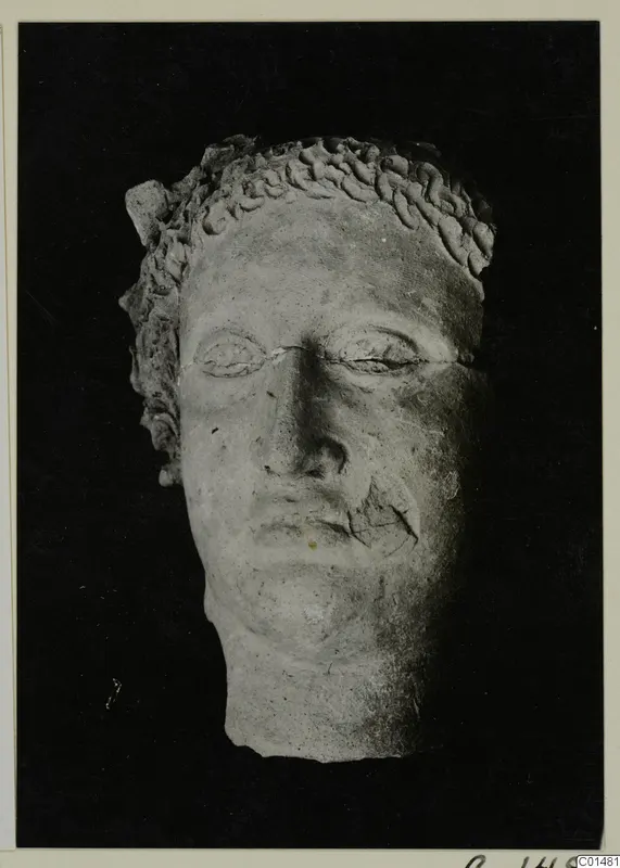 Head of a figure with carved curls, a chipped nose and a cracked mouth, photographed against a black background.