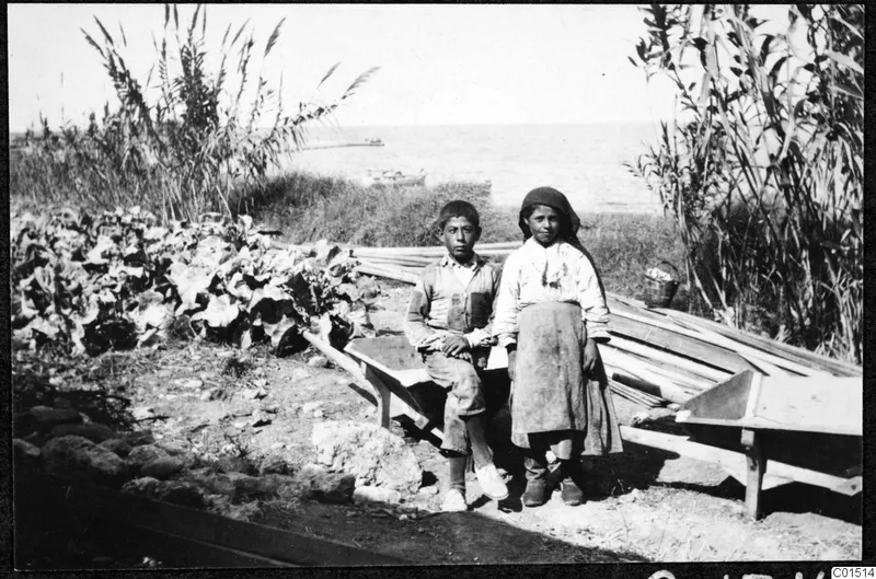 Two children sitting and standing by a wheelbarrow near the shore at Soli, with reeds and sea behind them.