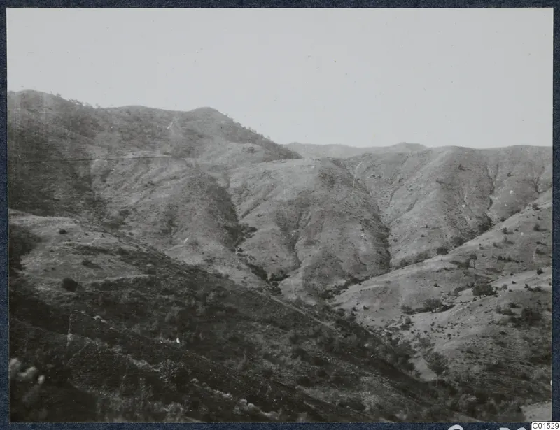 Hilly landscape with steep slopes, dry scrub and a few trees under a pale sky, at Vouni.