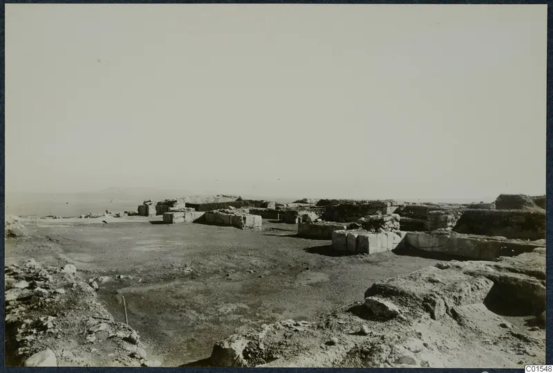 Ruined stone walls and rock outcrops at the Vouni palace site, with the sea and a distant headland beyond