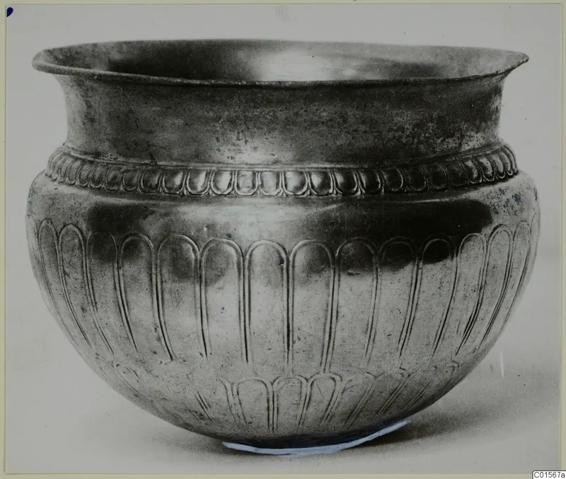 Silver bowl with a wide rim, a band of raised beads below the rim and lobed vertical decoration on the body.