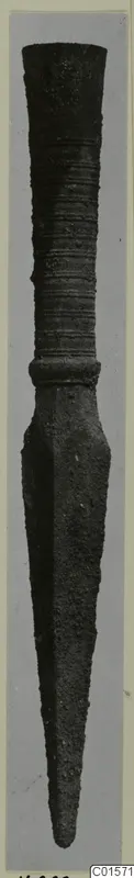 Bronze weapon with a ribbed socket and long tapering blade, shown upright