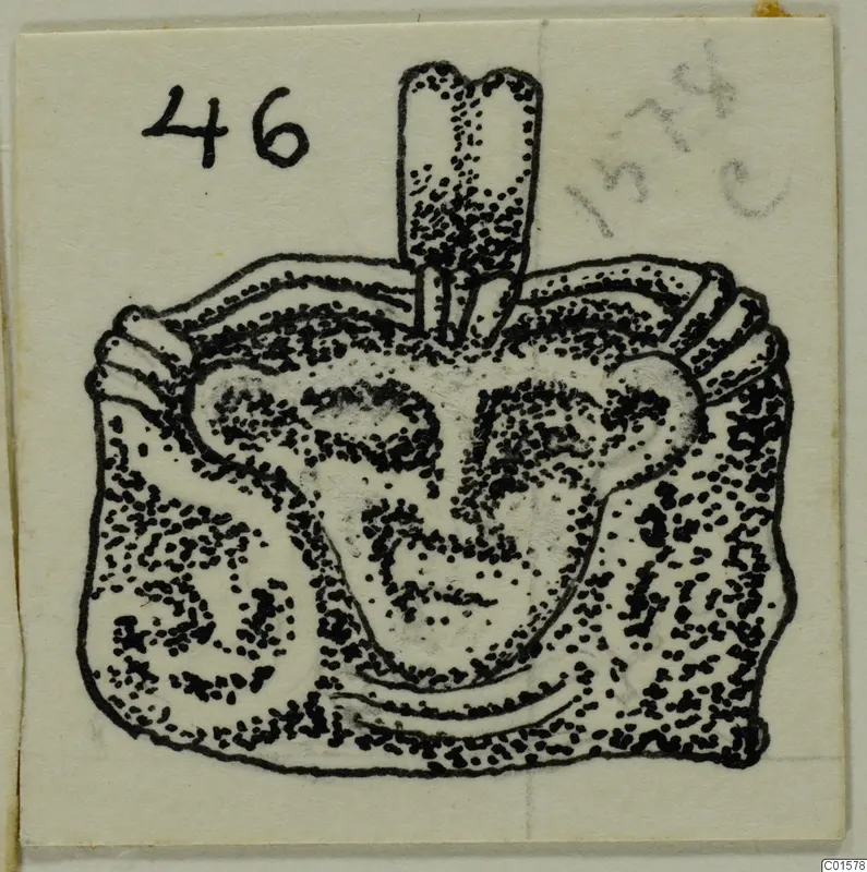Ink drawing of a gold pendant with a raised central form and a notched vertical projection on top