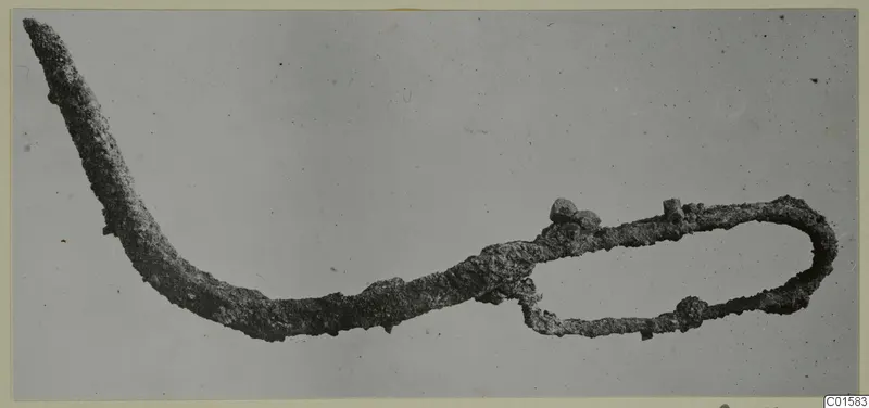 Corroded metal object from Vouni: a long curved arm tapering to a point, ending in a slender oval loop with small knobs.