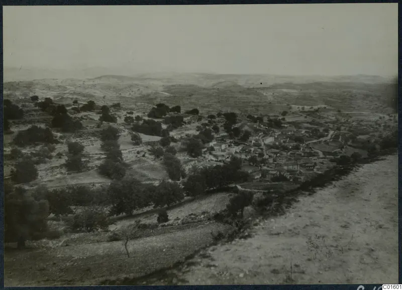 Village of buildings among scattered trees on a hillside, seen from a higher dirt track in the foreground