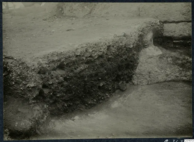 Excavated soil section beside a stone wall during excavation at the palace at Vouni