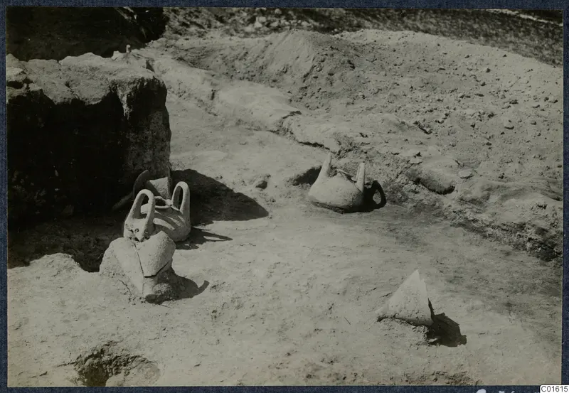 Finds in situ at Vouni: two-handled vessels lying partly buried in an excavated trench