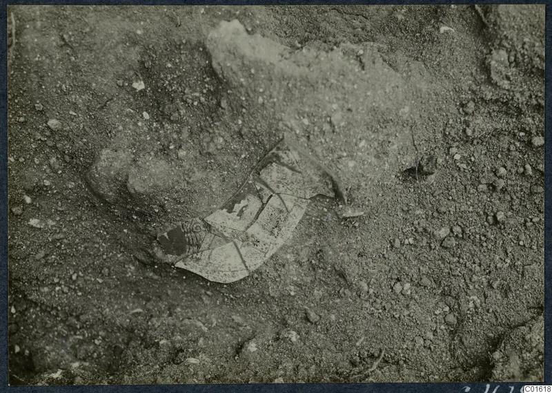 Broken pottery sherds lying in sandy soil at Vouni Palace, partly covered by earth.