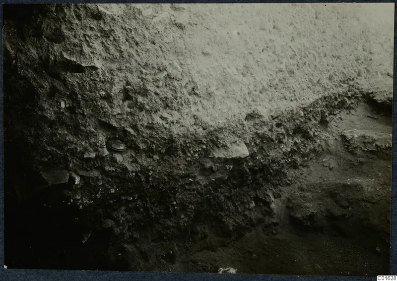 Excavated earth face with stones and a small round object at the palace at Vouni