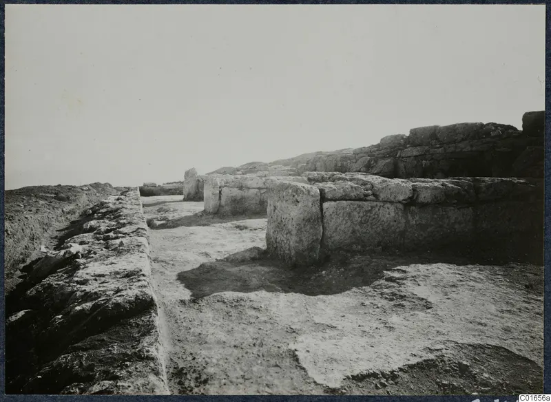 Excavated stone walls and a cleared floor at the palace at Vouni, seen from a trench edge.