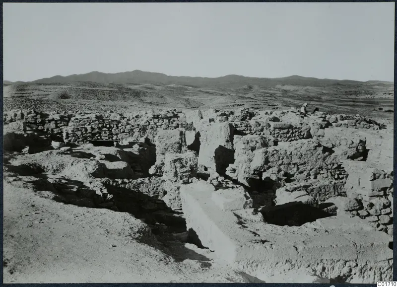 Excavated stone walls and foundations at Idalion, with hills behind the ruins.
