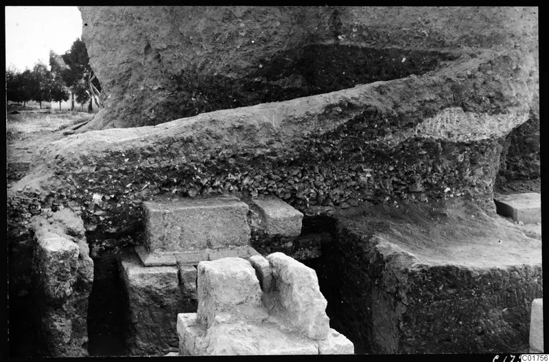 Soil section beside pedestal 2 in an excavation at Kition, with cut stone blocks in the trench and trees beyond.