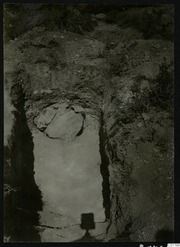 Excavation trench at Kountoura Trachonia, with stones in the trench wall and grass growing along the edges.