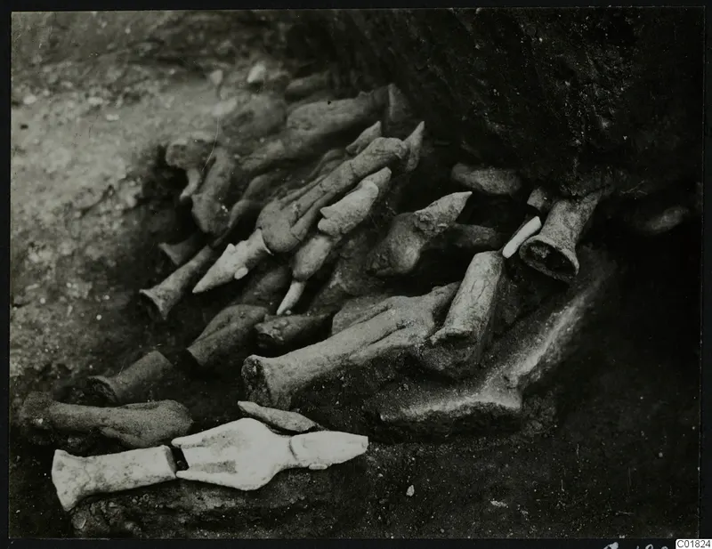 Figurine fragments, arms, legs and hands, lying half-buried in soil at Ayia Irini as found during excavation