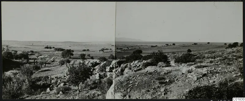 Panoramic view over rocky ground and shrubs at Ayia Irini, with fields, trees, the sea and a distant mountain beyond