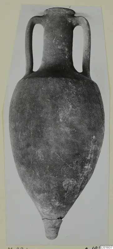 Two-handled amphora, Pottery Plain White VII, from the Marion tombs, shown upright against a pale card mount
