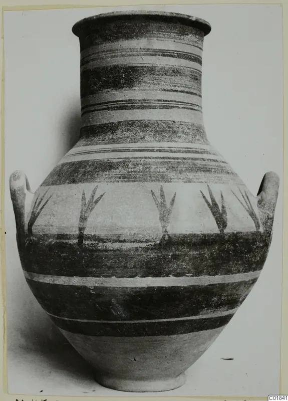 Pottery White Painted VI: two-handled jar with dark painted bands and stylised plant motifs
