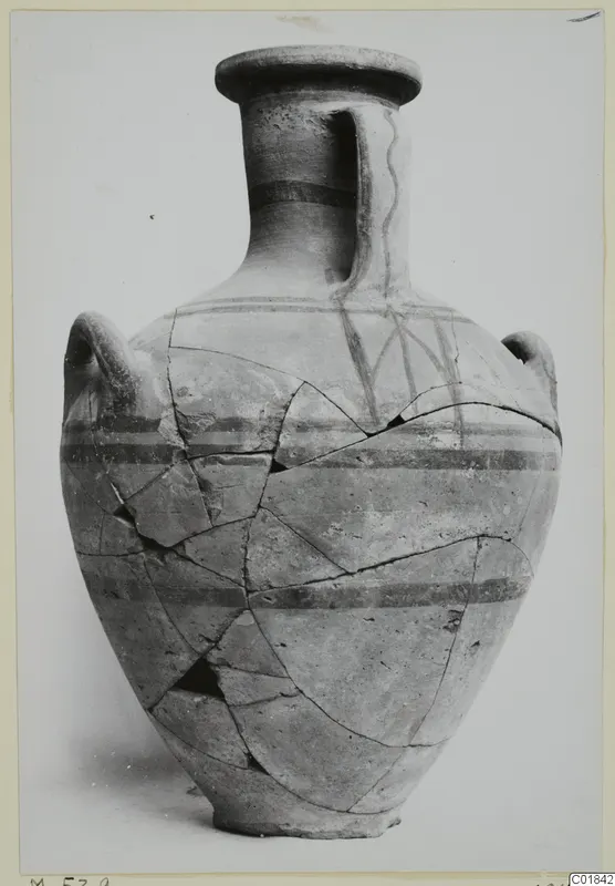 Pottery White Painted VII: a two-handled jar with dark painted bands and a line pattern on the shoulder