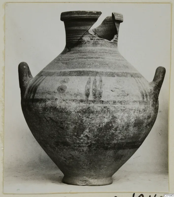 White Painted V two-handled jar from Marion, with part of the neck broken away