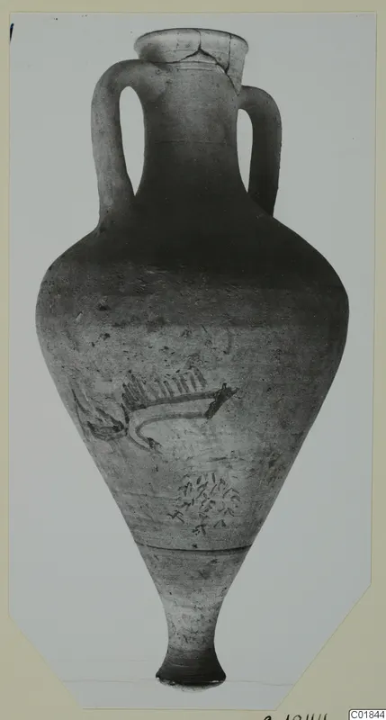Pottery Plain White VII, a tall two-handled vessel with dark painted motifs on its lower body, photographed against a plain background