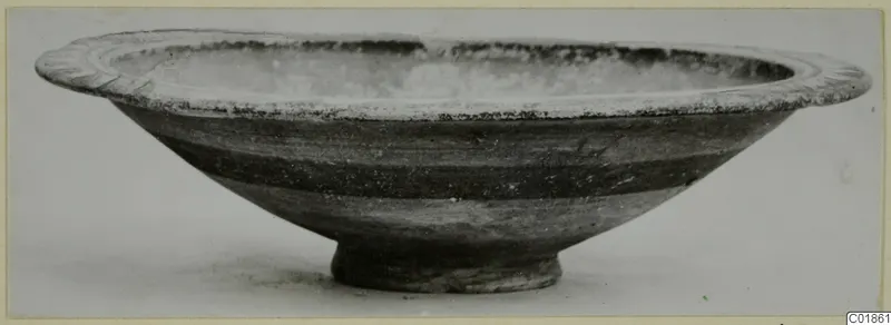 Shallow bowl with a wide rim and dark horizontal bands on the body, seen from the side.