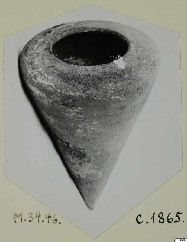 Pottery jar, Plain White VII, wide-mouthed and tapering to a point, photographed on a mounted print