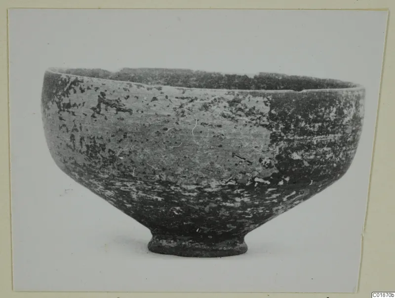Pottery bowl from Marion with a ring foot and mottled, worn surface, shown in side view