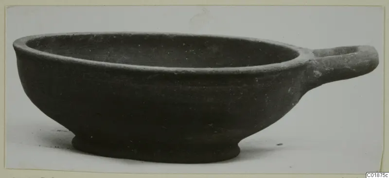 Pottery bowl with a single horizontal handle, from tombs at Marion, shown in side view.