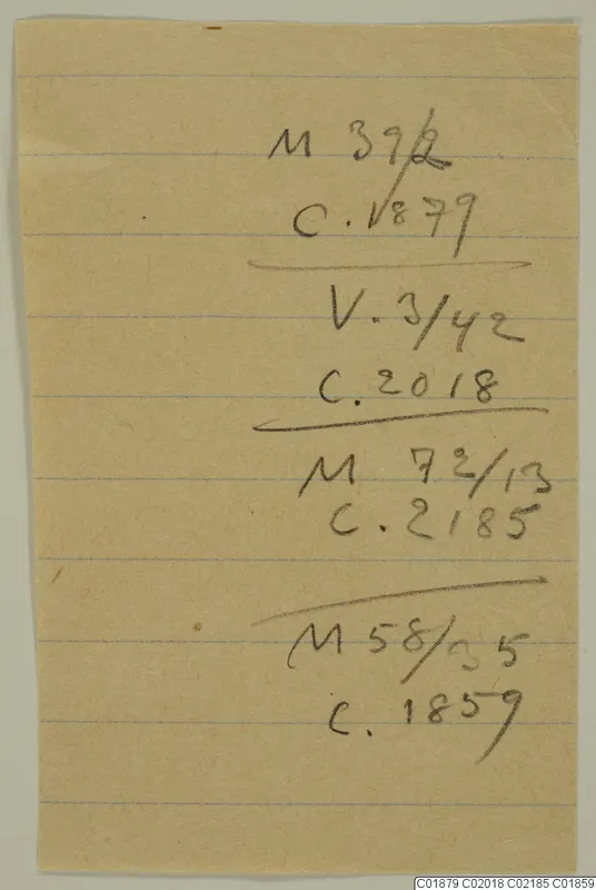 Slip of lined buff paper with handwritten pencil numbers and strokes; no pottery visible