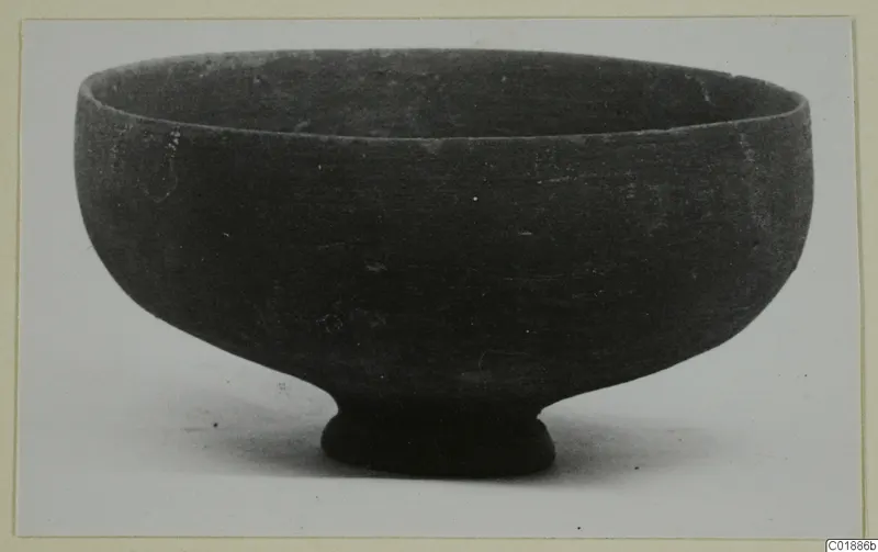 Pottery bowl with a wide rounded body and a short ring foot, photographed against a plain background.