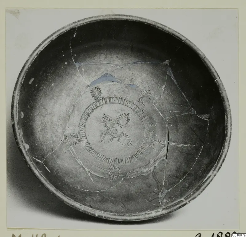Black glazed bowl photographed from above, its interior decorated with a central palmette design and a ring of tongue-shaped motifs.
