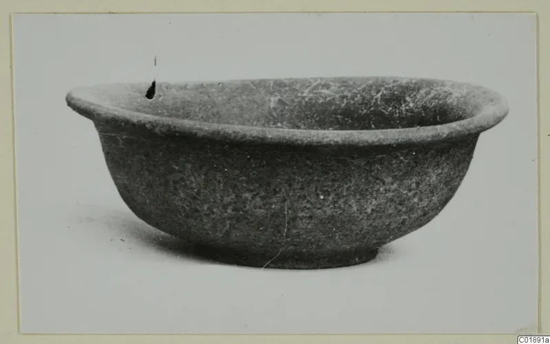 Bowl with a thick outturned rim and small ring base, photographed as a find from Marion