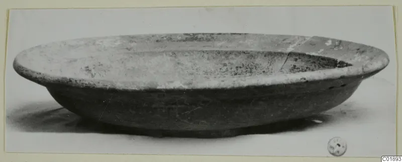 Pottery Red Slip bowl, shallow with a wide flat rim, seen from the side on a pale surface