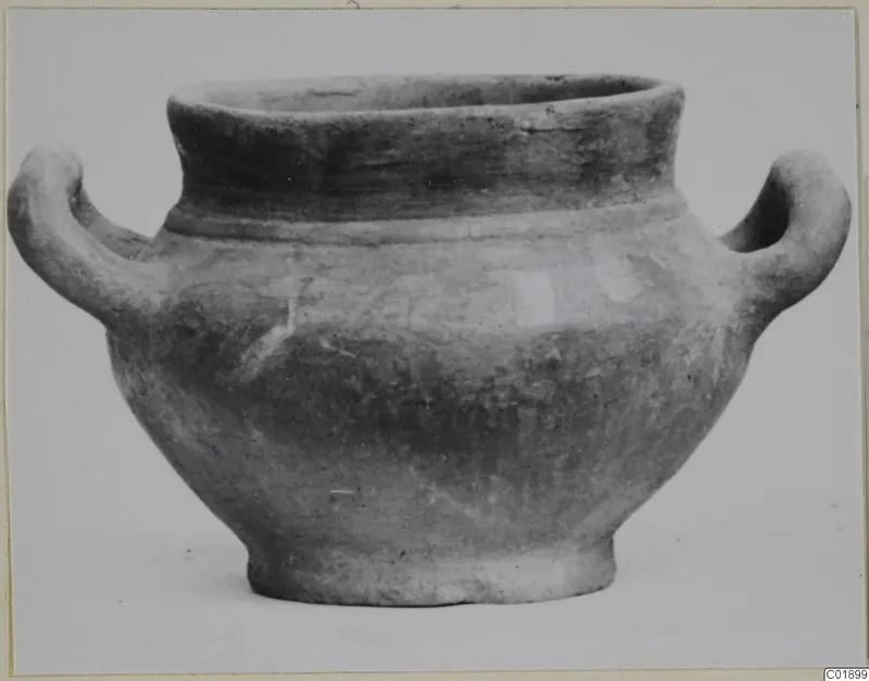 Two-handled pottery vessel with a wide mouth and a short foot, shown against a plain background.