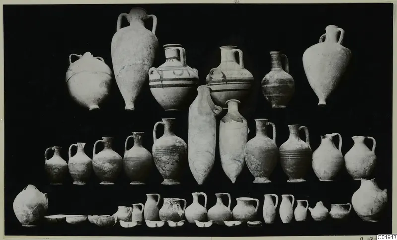 Group of pottery vessels, mostly jugs and amphorae, arranged in rows against a dark background at Vouni, Tomb 3
