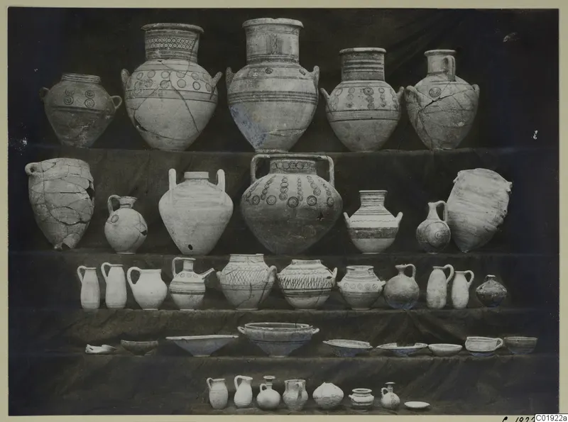 White Painted III-1 pottery: jars, jugs and bowls arranged in rows on dark cloth
