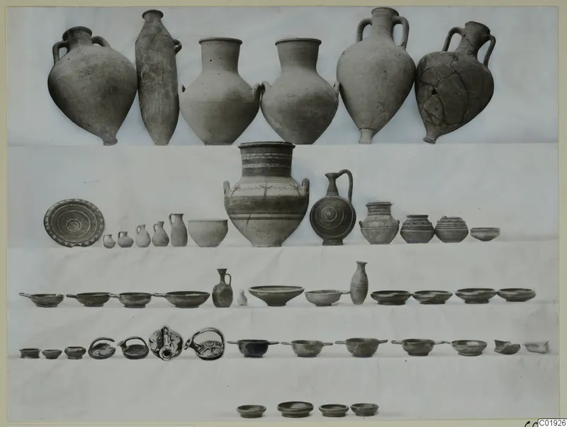 Pottery from Marion, Tomb 14: rows of jugs, bowls, dishes and jars laid out on a white cloth.