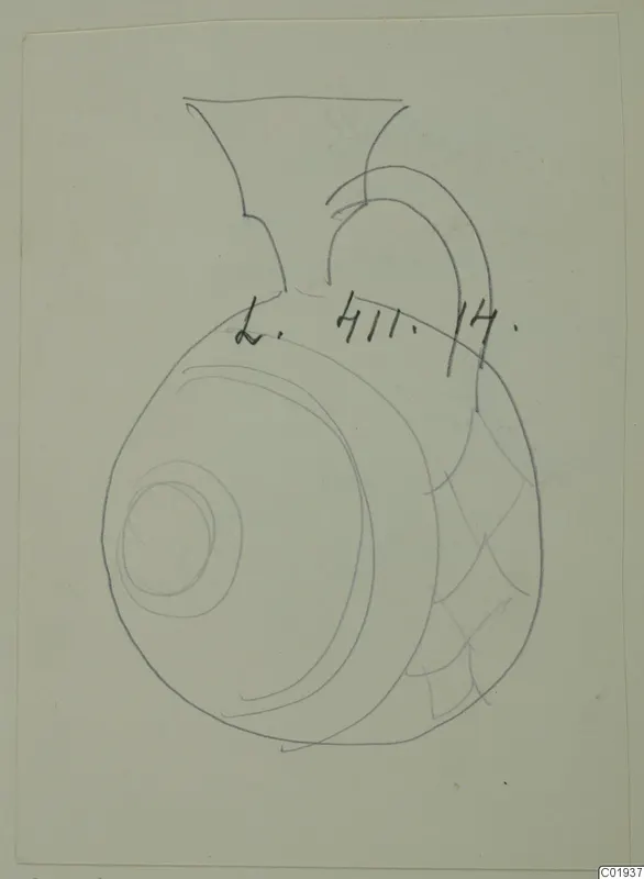 Pencil drawing of a jug with a flaring neck, arched handle and rounded body, from the Lapithos Kastros tombs