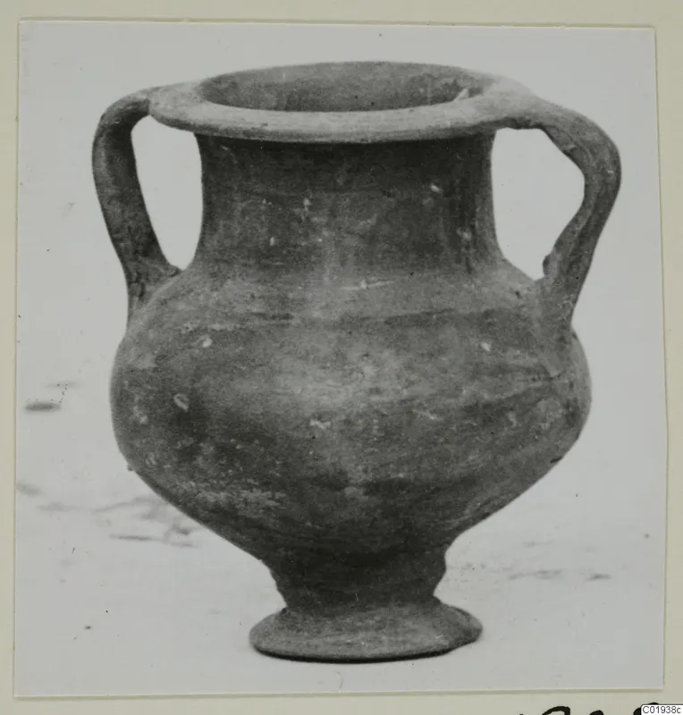 Small two-handled amphoriskos with a wide mouth and a footed base, shown against a pale background.