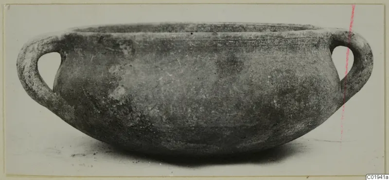 Coarse ware bowl with two loop handles, from Lapithos, photographed from the side