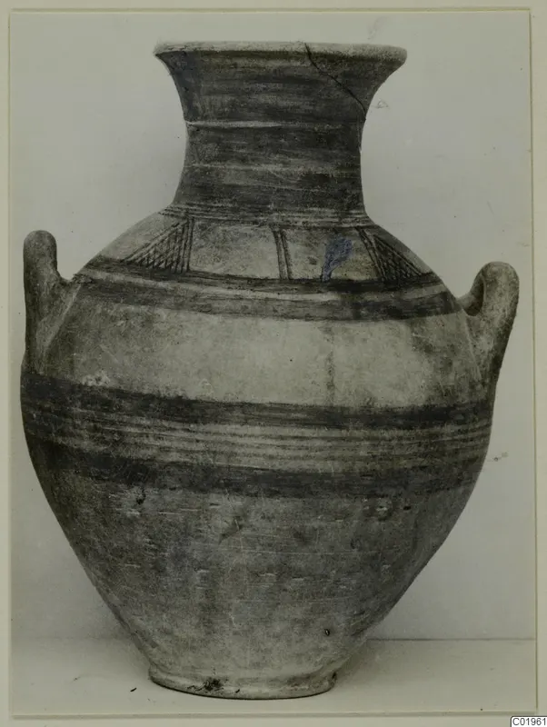 Pottery Bichrome II two-handled jar from Lapithos, Kastros tombs, with painted bands and hatched motifs on the shoulder