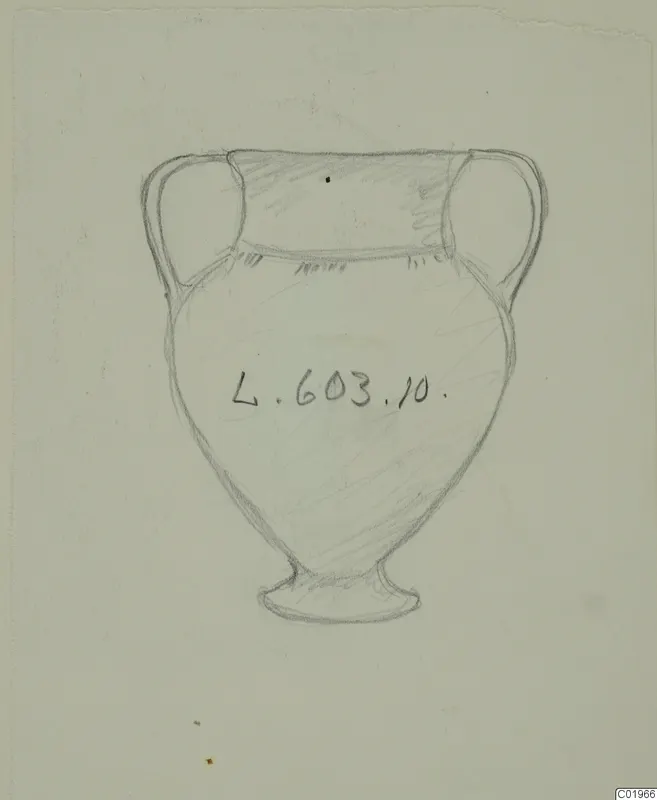 Pencil drawing of a two-handled White Painted I amphora with a label on its body