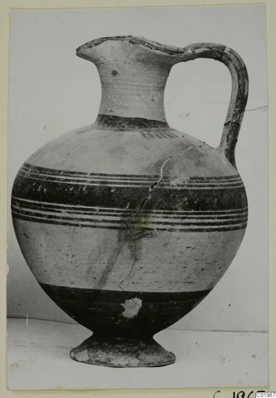 White Painted I jug with a single loop handle and dark painted bands, from the Lapithos Kastros tombs