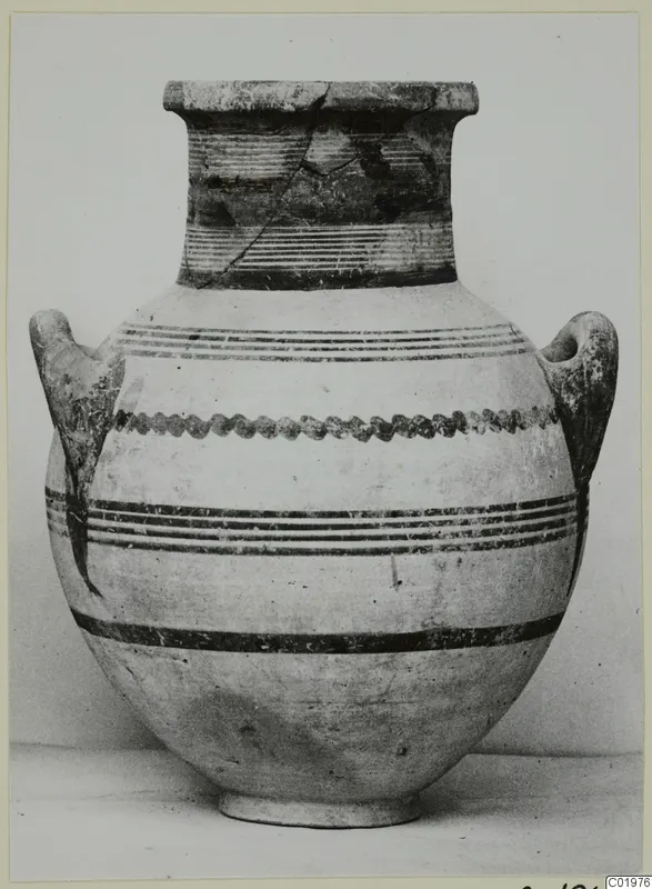 Pottery White Painted III-1 two-handled jar from the Kastros tombs at Lapithos, seen from the front
