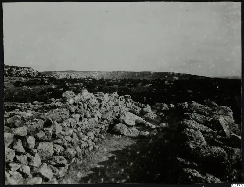 Rough stone walls running along a path toward a low hill ridge at Nitovikla on the Karpas Peninsula