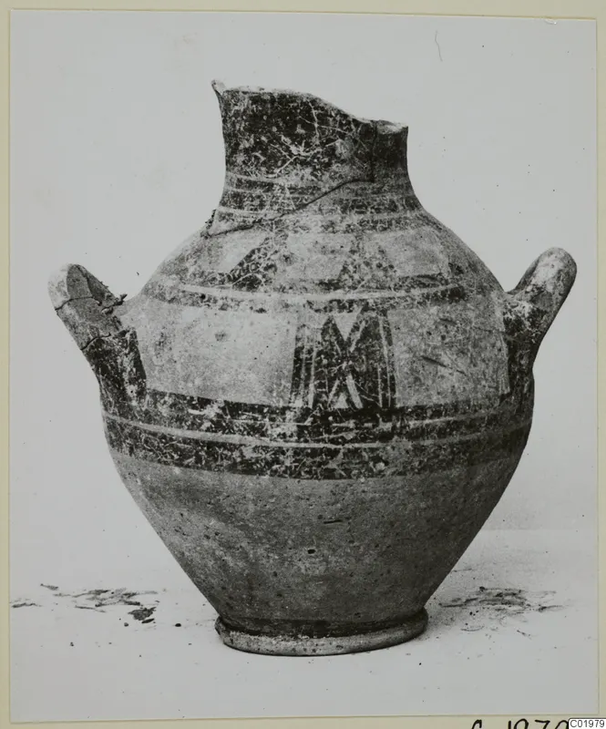 Two-handled pottery vessel with painted bands and a hatched panel, White Painted I-II, from Lapithos Kastros tombs