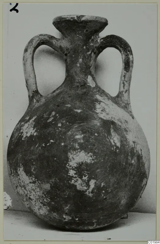 Round-bodied bottle with a short neck and two loop handles, dark surface with worn pale patches.